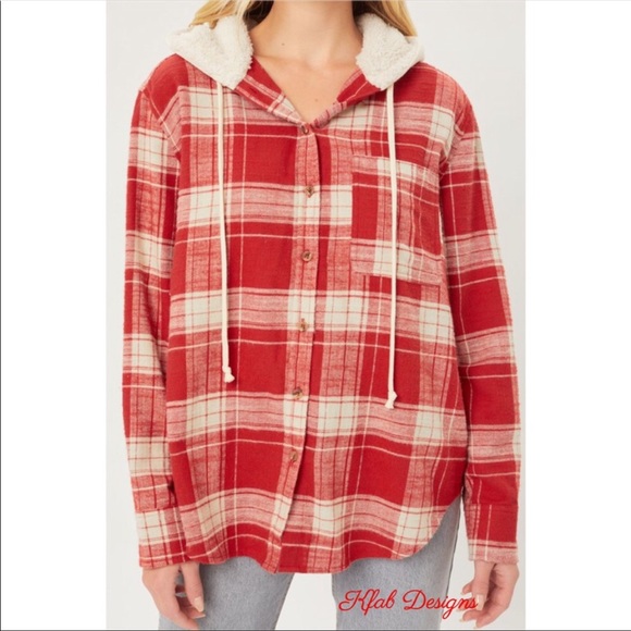 LAST ONE! Amazing! Red Plaid Hooded Flannel Button Down Shirt! - Picture 4 of 6